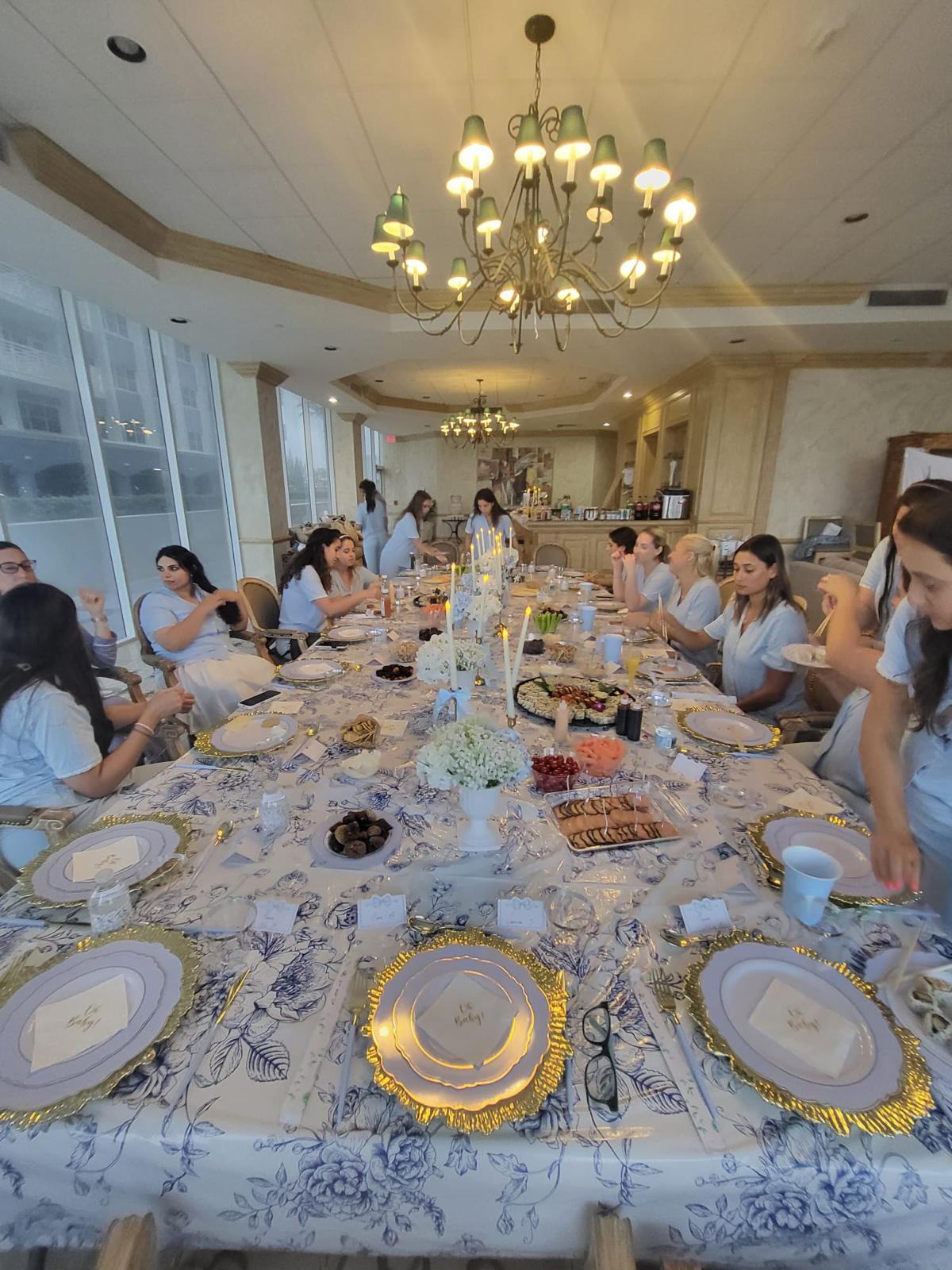 Blue floral baby shower table